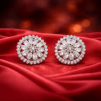Floral Halo Stud Earrings Silver-Tone with Marquise