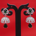 Floral Jhumka Teardrop Earrings Silver-Tone - Green Emerald