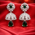 Floral Jhumka Teardrop Earrings Silver-Tone - Green Emerald