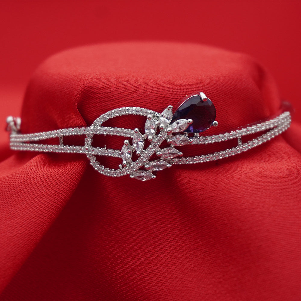 Floral Openwork Silver-Tone Diamond Bracelet with Deep Lavender Oval Centerpiece (Free Size)