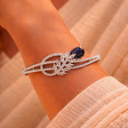 Floral Openwork Silver-Tone Diamond Bracelet with Deep Lavender Oval Centerpiece (Free Size)