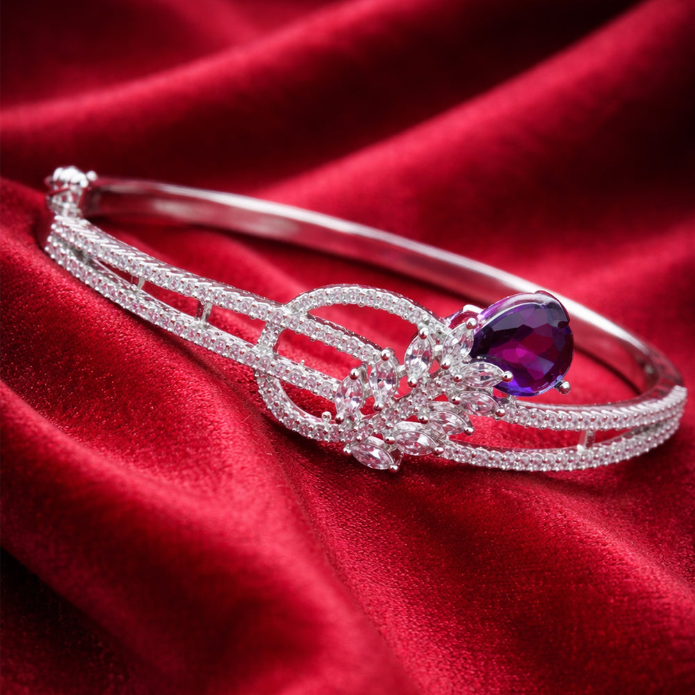 Floral Openwork Silver-Tone Diamond Bracelet with Deep Lavender Oval Centerpiece (Free Size)