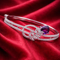 Floral Openwork Silver-Tone Diamond Bracelet with Deep Lavender Oval Centerpiece (Free Size)