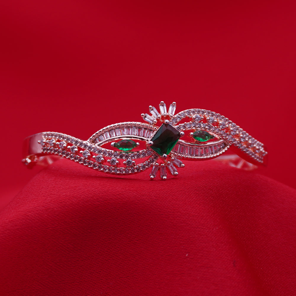 Flowing Wave Silver-Tone Bracelet with Micro-Stone Embellishment - Green Centerpiece (Free Size)