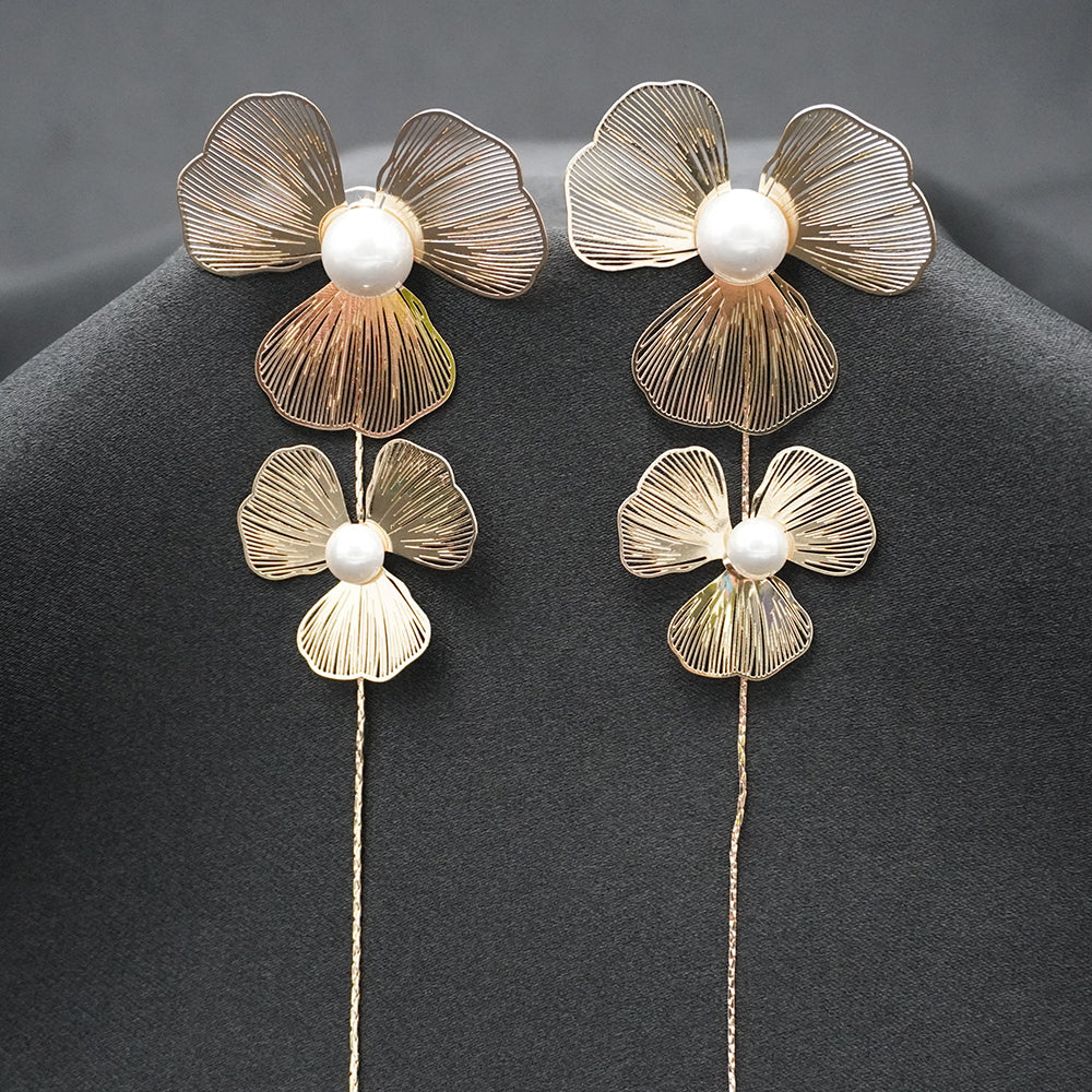 Gold-Tone Floral Pearl Drop Earrings with Chain Tassel