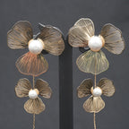Gold-Tone Floral Pearl Drop Earrings with Chain Tassel