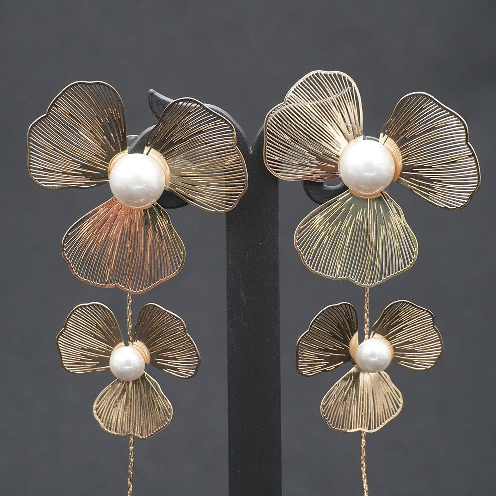 Gold-Tone Floral Pearl Drop Earrings with Chain Tassel
