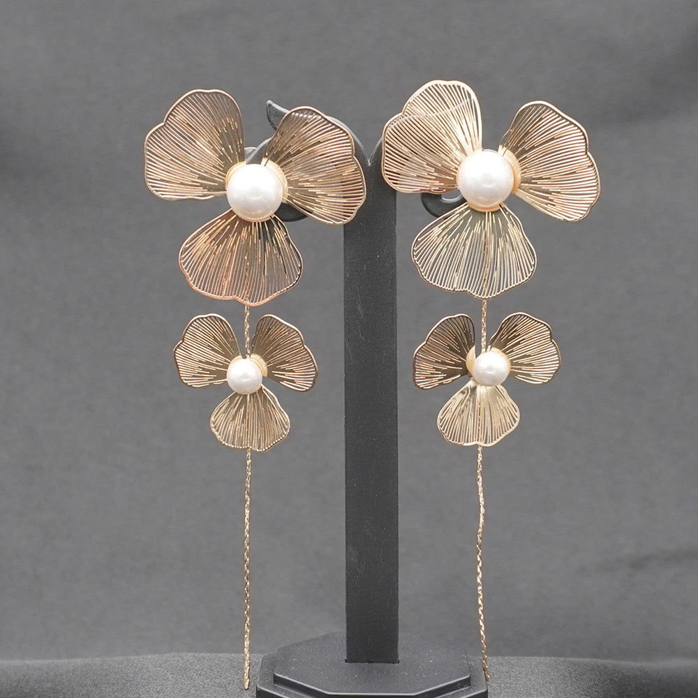 Gold-Tone Floral Pearl Drop Earrings with Chain Tassel