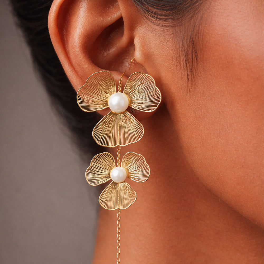Gold-Tone Floral Pearl Drop Earrings with Chain Tassel