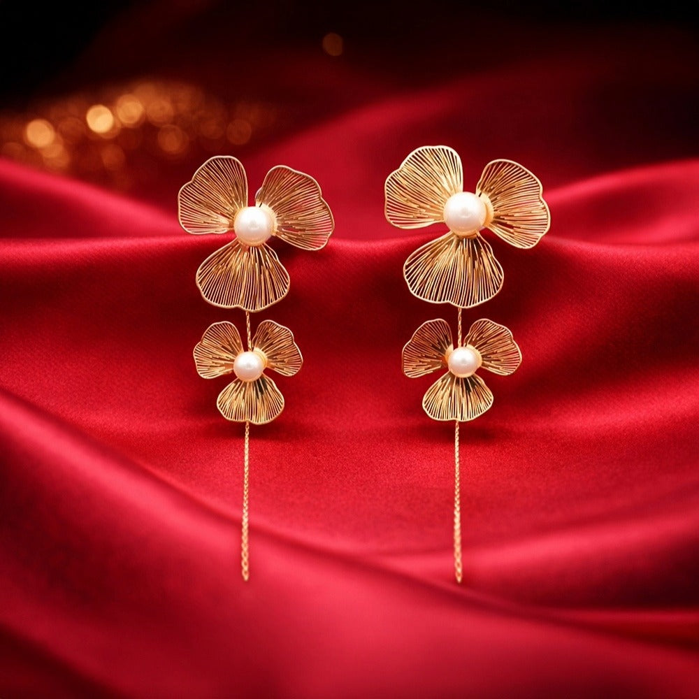 Gold-Tone Floral Pearl Drop Earrings with Chain Tassel