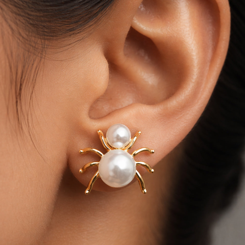 Gold-Tone Pearl Designer Stud Earrings