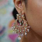 Gold-Tone Pink Stone Chandbali Earrings – Crystal Crescent with Pearl Drops