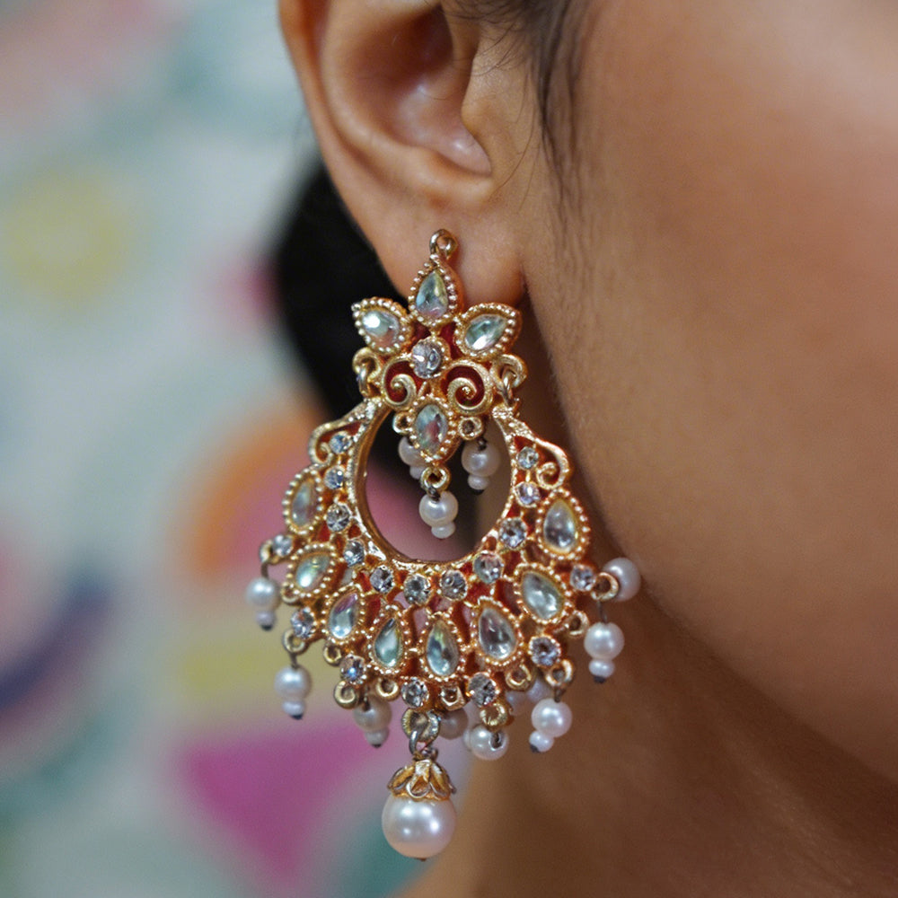 Gold-Tone Pink Stone Chandbali Earrings – Crystal Crescent with Pearl Drops