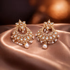 Gold-Tone Pink Stone Chandbali Earrings – Crystal Crescent with Pearl Drops