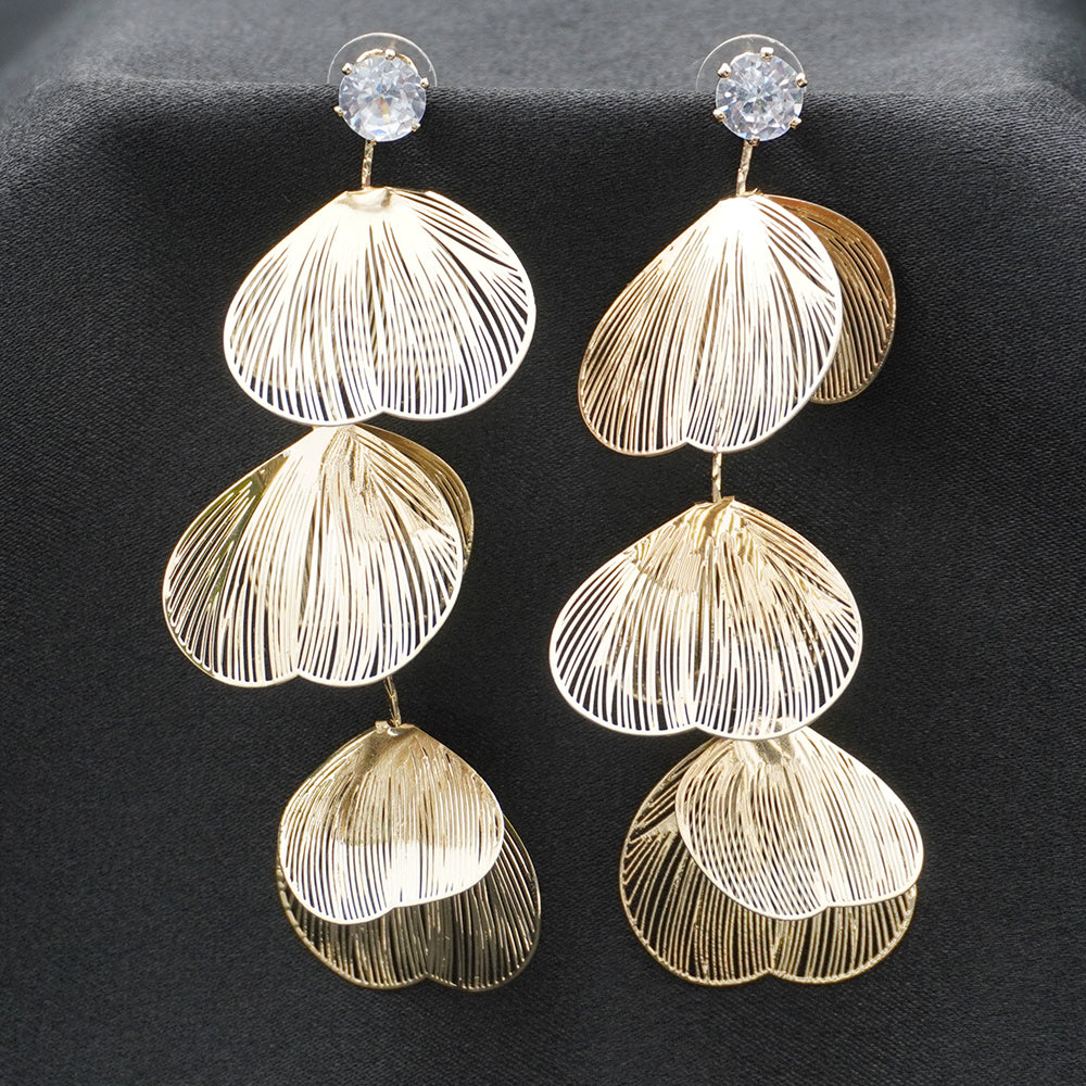 Gold-Tone Textured Petal Drop Earrings with Crystal Stud