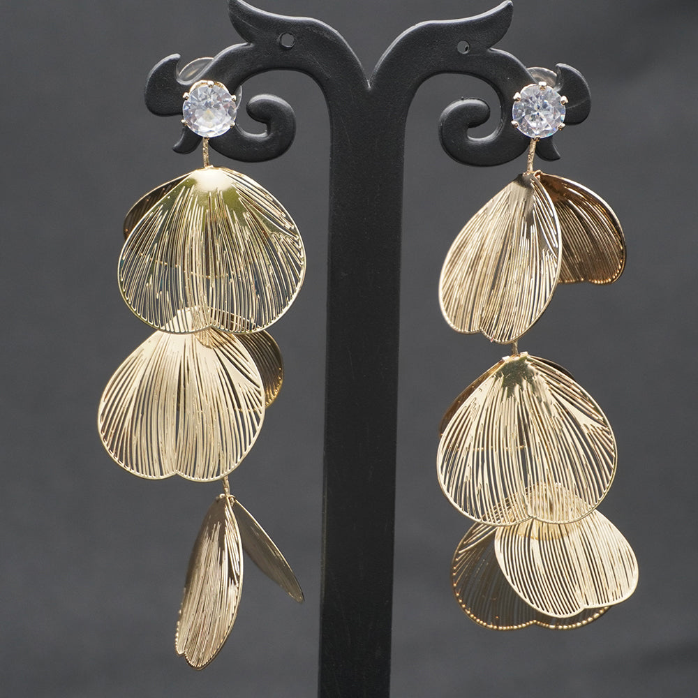 Gold-Tone Textured Petal Drop Earrings with Crystal Stud
