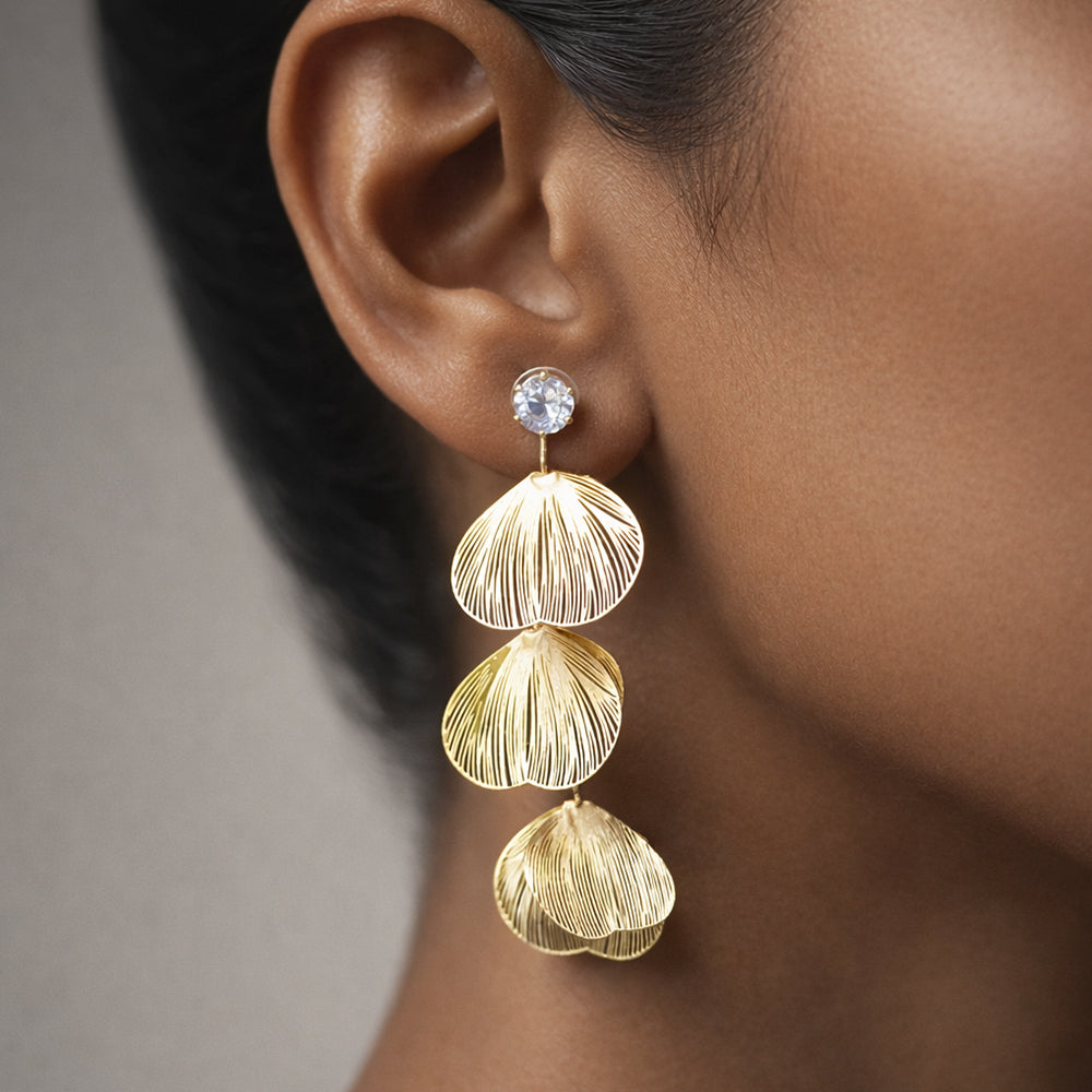 Gold-Tone Textured Petal Drop Earrings with Crystal Stud