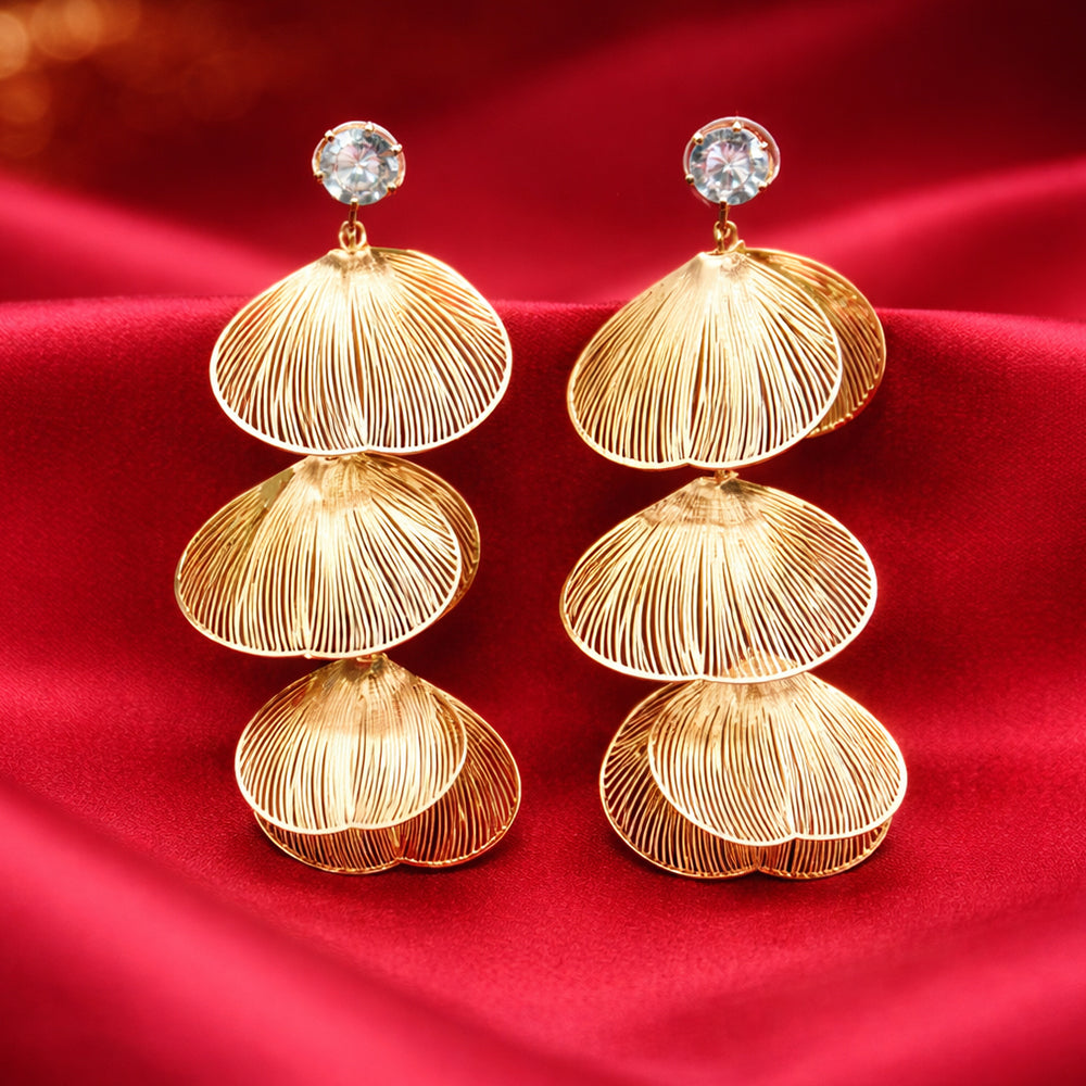 Gold-Tone Textured Petal Drop Earrings with Crystal Stud