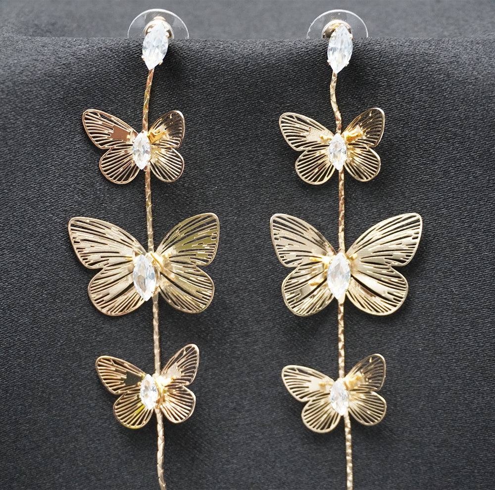 Gold Butterfly Chain Drop Earrings with Crystal Accents