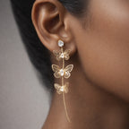 Gold Butterfly Chain Drop Earrings with Crystal Accents
