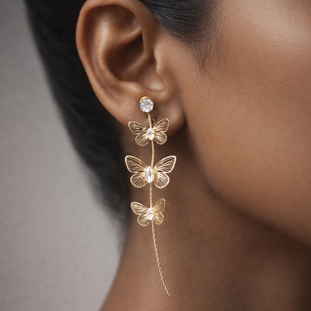 Gold Butterfly Chain Drop Earrings with Crystal Accents