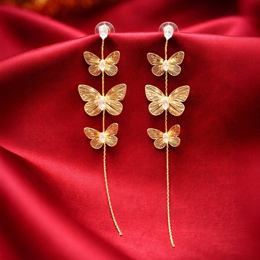 Gold Butterfly Chain Drop Earrings with Crystal Accents