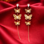 Gold Butterfly Chain Drop Earrings with Crystal Accents