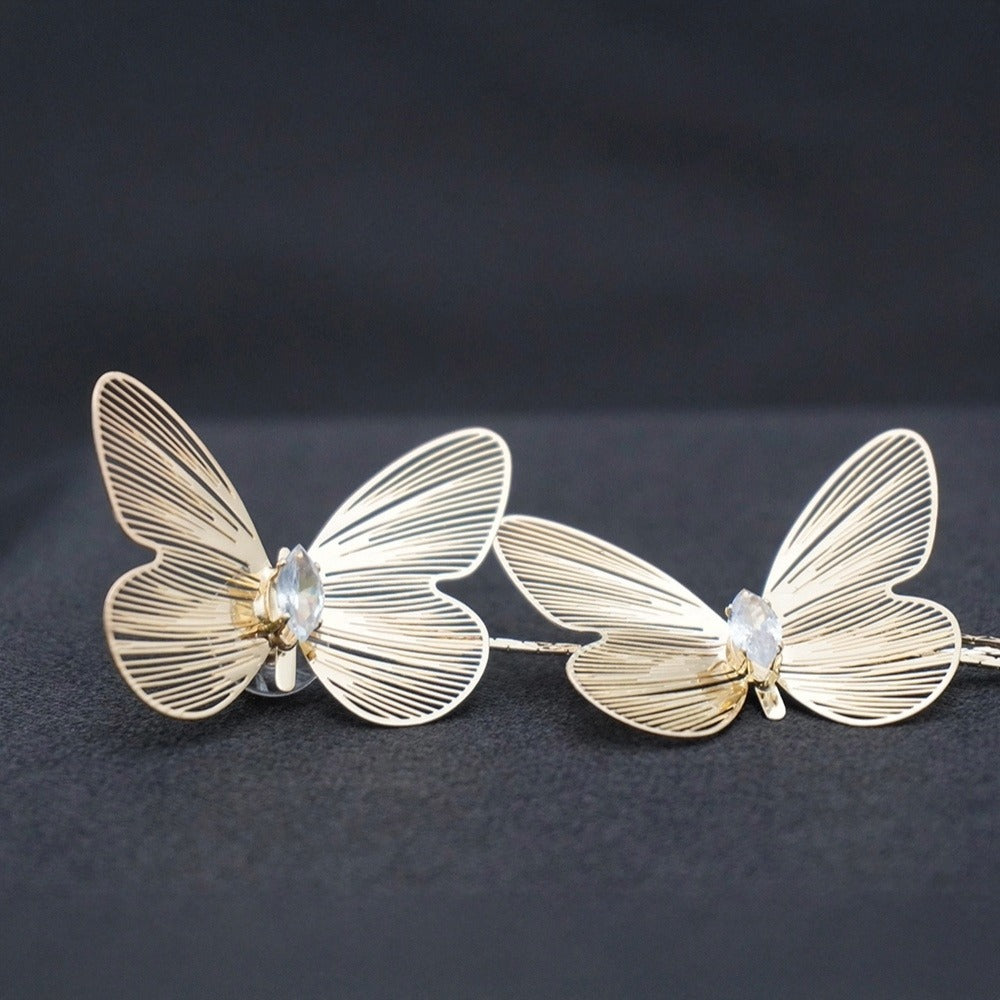 Gold Butterfly Layered Drop Earrings with Crystal Centers