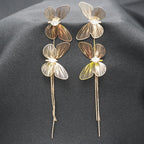 Gold Butterfly Layered Drop Earrings with Crystal Centers