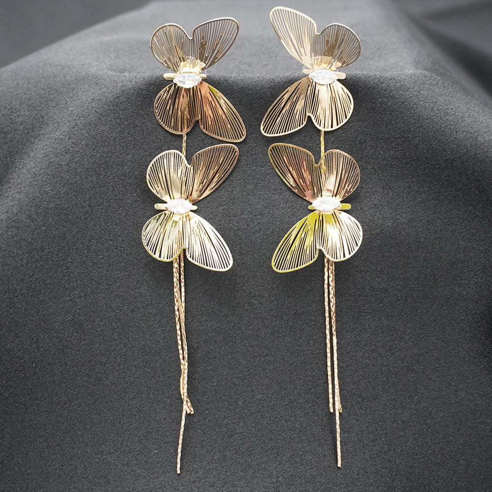 Gold Butterfly Layered Drop Earrings with Crystal Centers