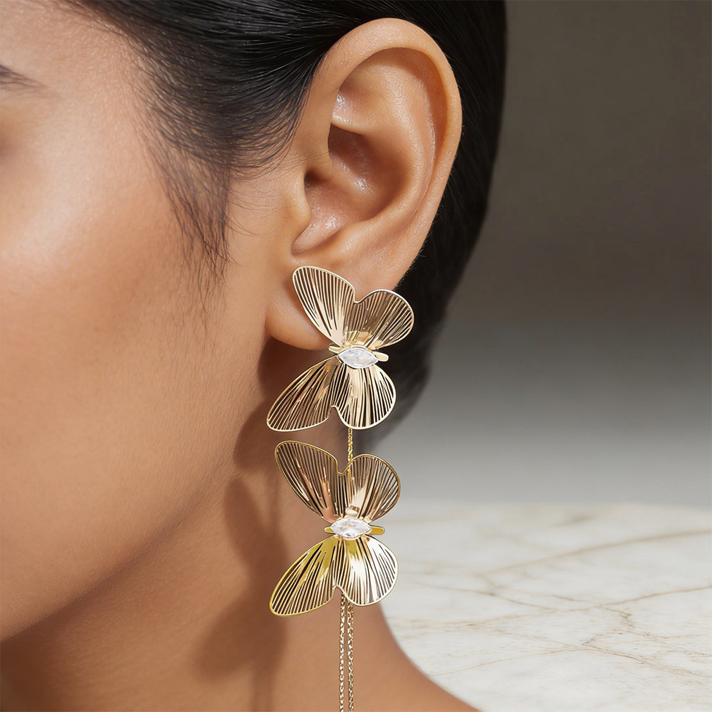 Gold Butterfly Layered Drop Earrings with Crystal Centers