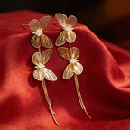 Gold Butterfly Layered Drop Earrings with Crystal Centers