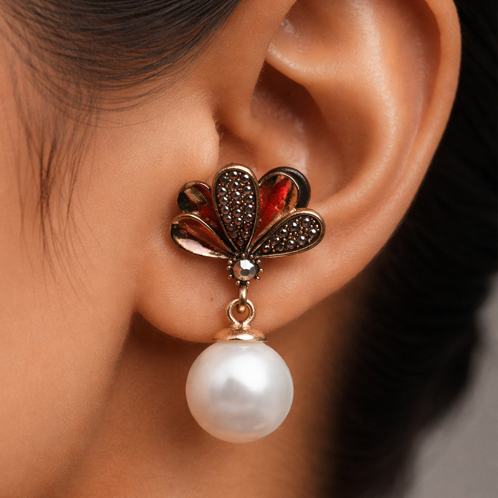Gold Fan Pearl Drop Earrings