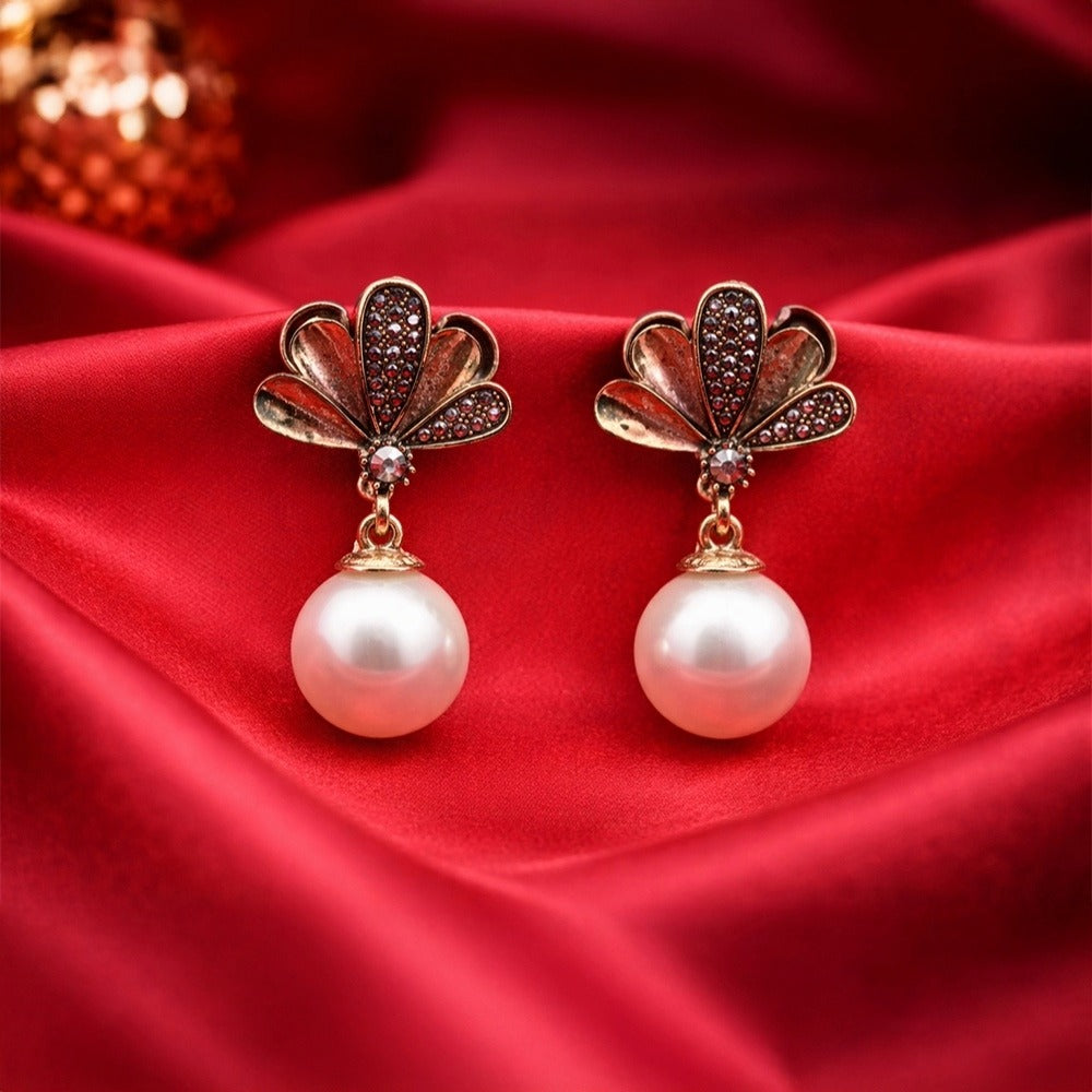 Gold Fan Pearl Drop Earrings