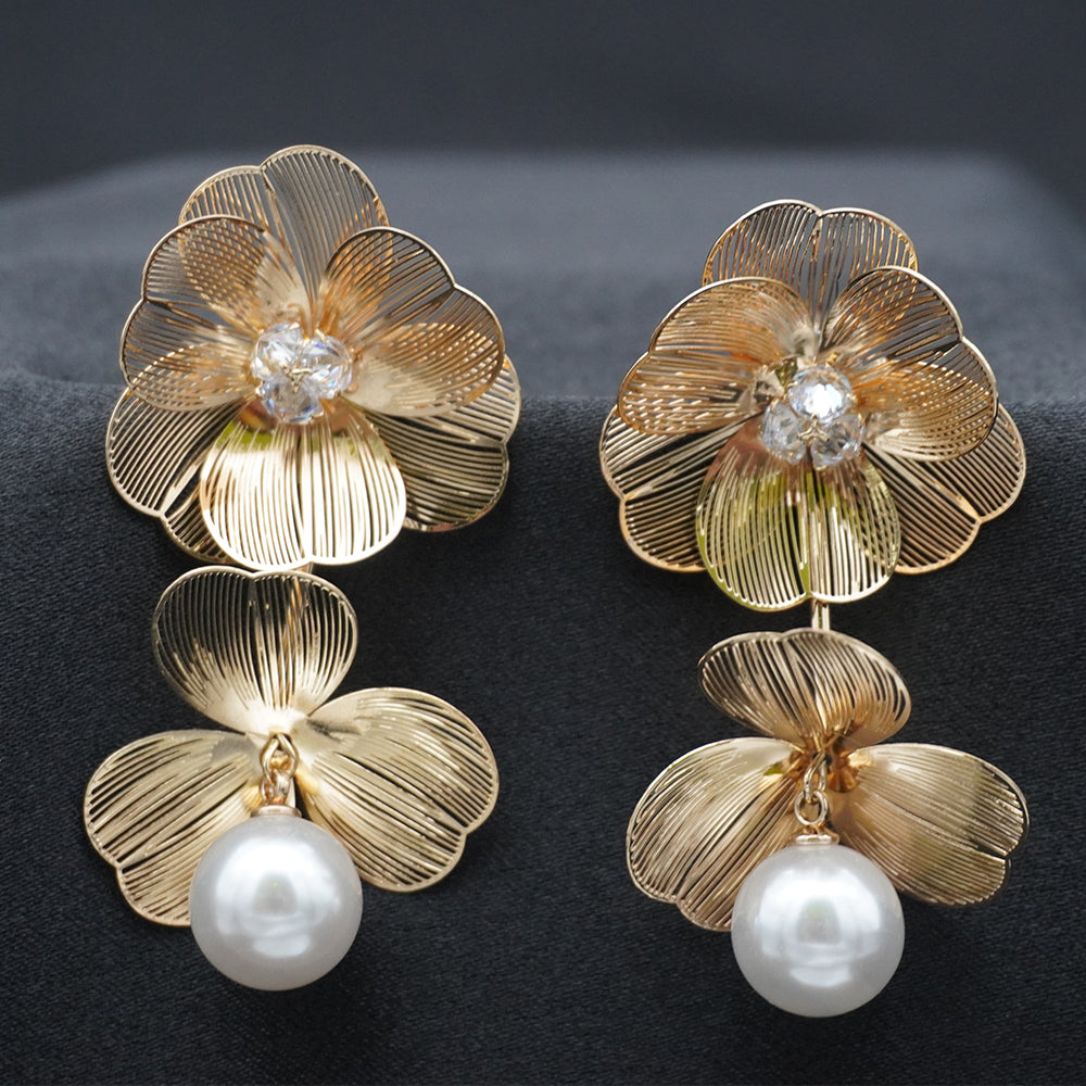 Gold Floral Drop Earrings with Pearl Pendant & Crystal Center