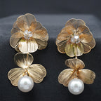 Gold Floral Drop Earrings with Pearl Pendant & Crystal Center