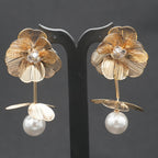 Gold Floral Drop Earrings with Pearl Pendant & Crystal Center