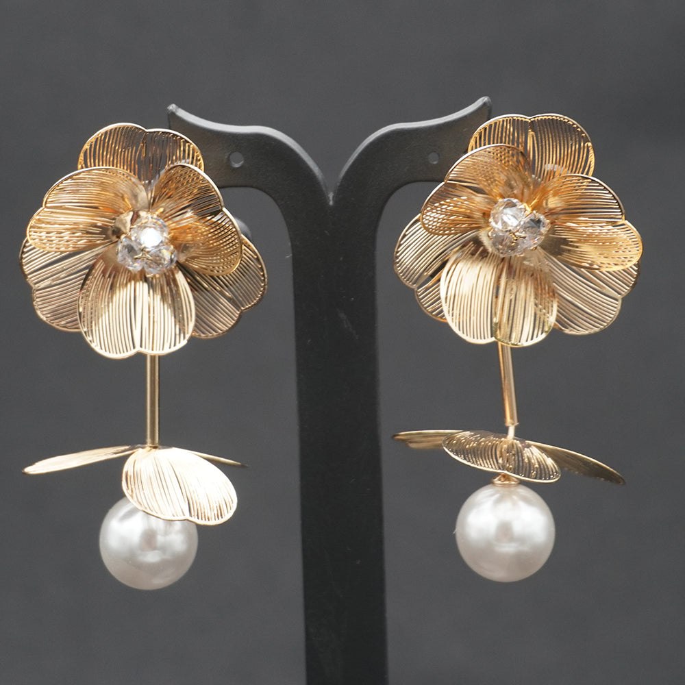 Gold Floral Drop Earrings with Pearl Pendant & Crystal Center
