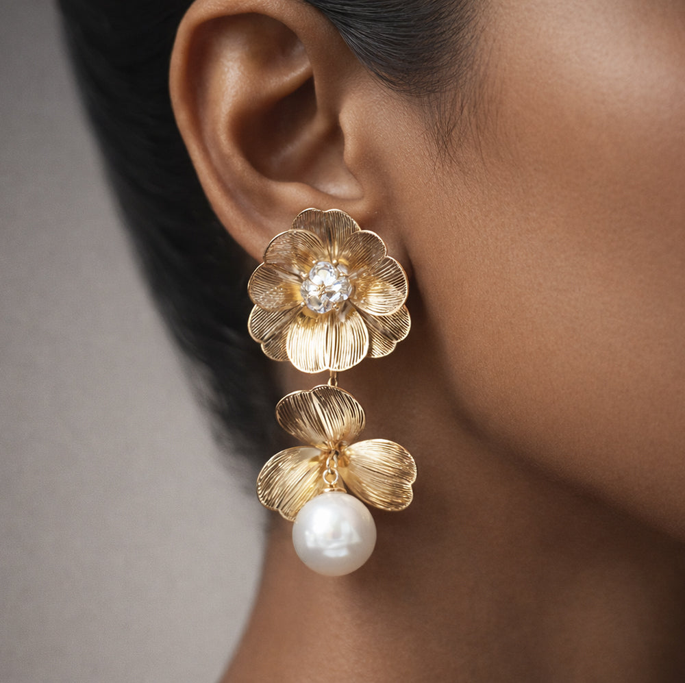 Gold Floral Drop Earrings with Pearl Pendant & Crystal Center