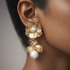 Gold Floral Drop Earrings with Pearl Pendant & Crystal Center