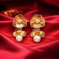 Gold Floral Drop Earrings with Pearl Pendant & Crystal Center