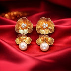 Gold Floral Drop Earrings with Pearl Pendant & Crystal Center