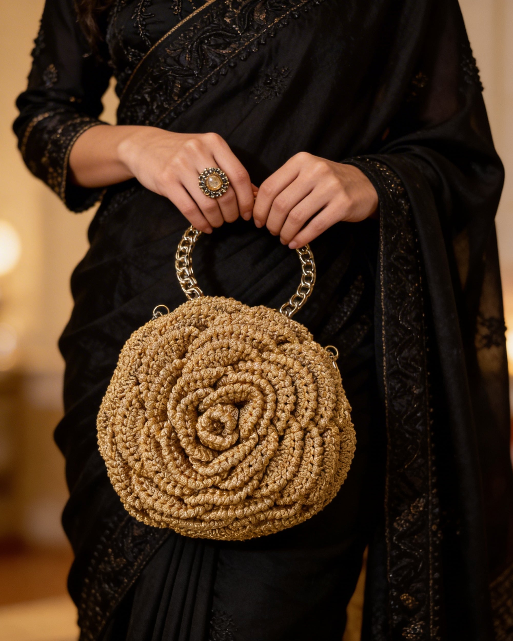 Rosalia Crochet Rose Bag – Handmade 3D Floral Clutch (Golden)