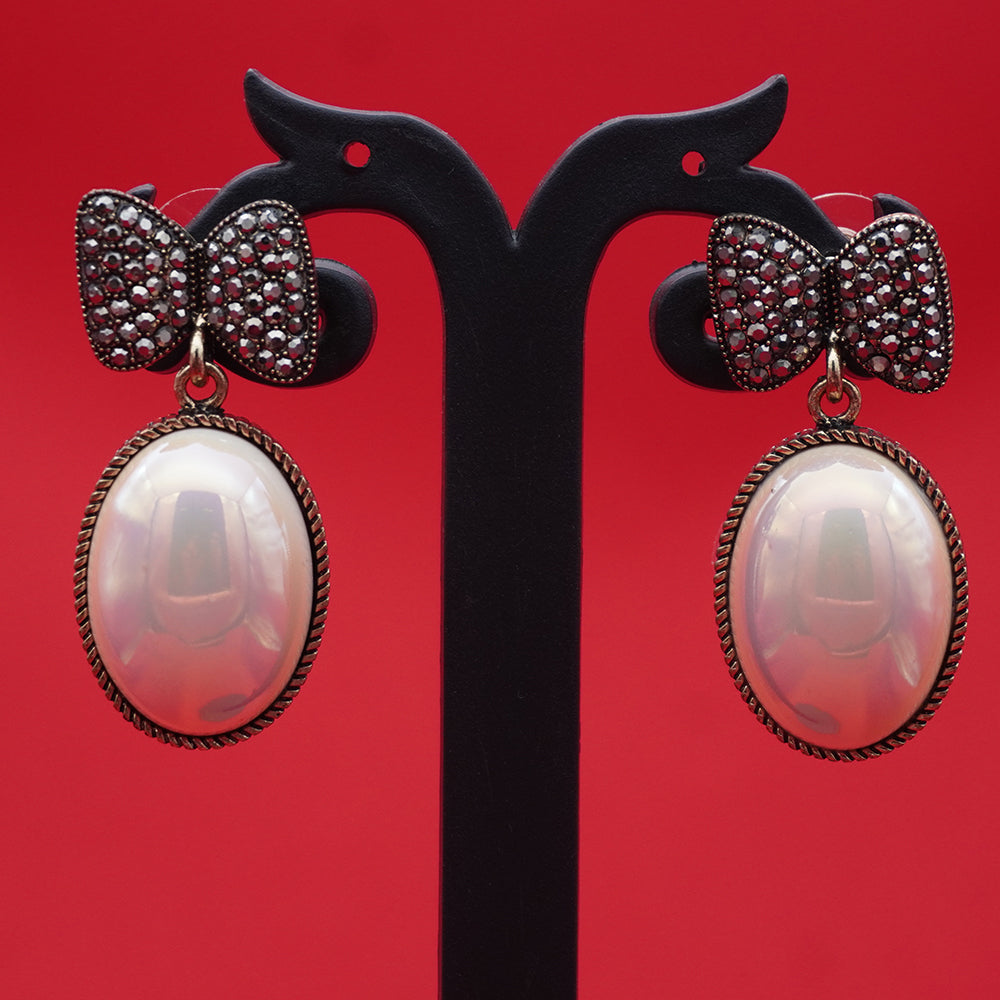 Gold Tone Bow Pearl Drop Earrings