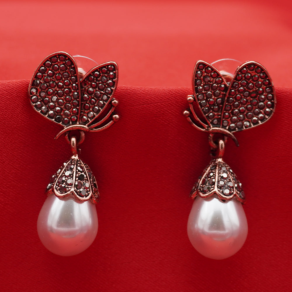 Gold Tone Crystal Accent Butterfly Pearl Drop Earrings