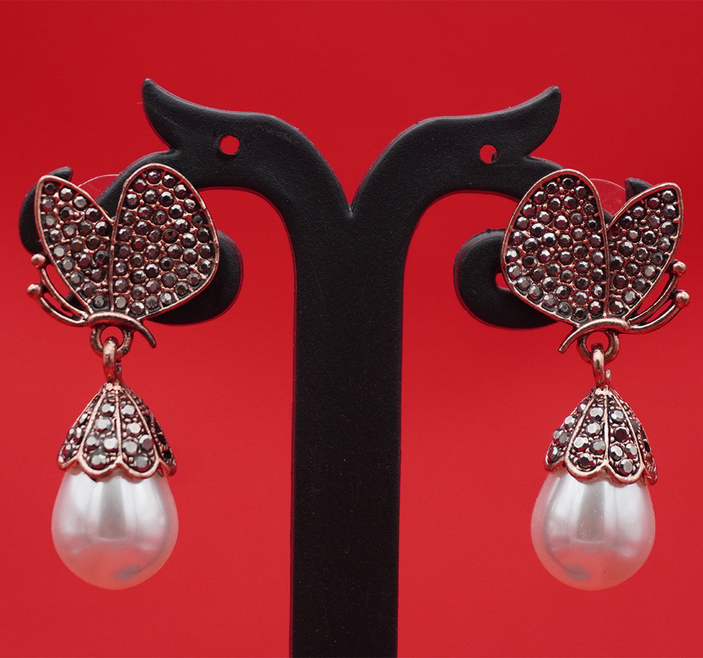 Gold Tone Crystal Accent Butterfly Pearl Drop Earrings