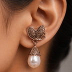 Gold Tone Crystal Accent Butterfly Pearl Drop Earrings
