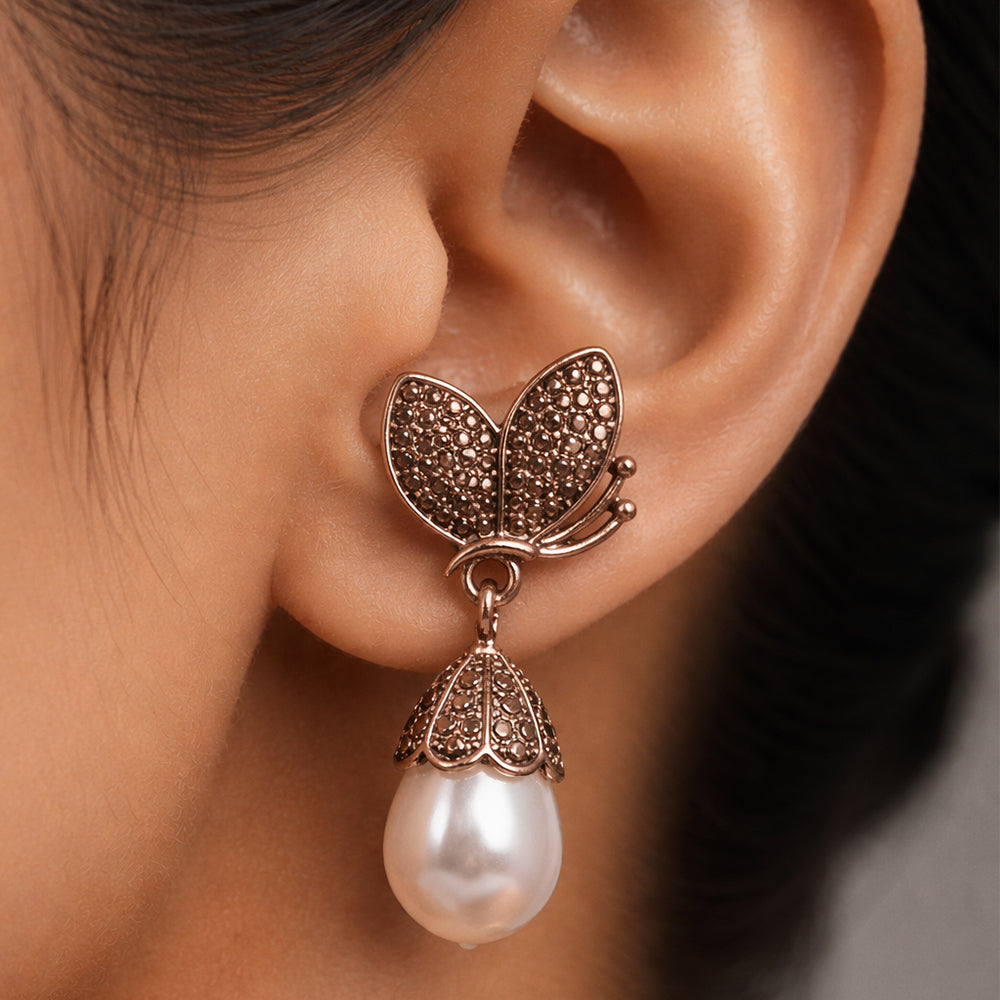Gold Tone Crystal Accent Butterfly Pearl Drop Earrings