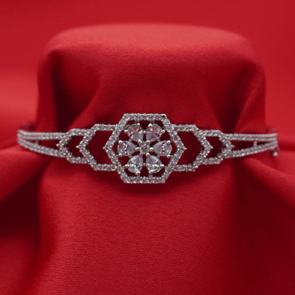 Halo-Set Floral Silver-Tone American Diamond Bracelet (Free Size)