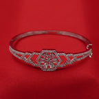 Halo-Set Floral Silver-Tone American Diamond Bracelet (Free Size)